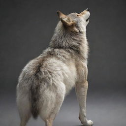 A realistically rendered wolf showing its back, looking over its shoulder with expressive eyes that seem to say 'goodbye'. The wolf's tail should be swishing gently.