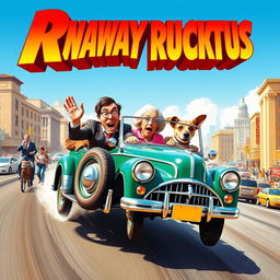 A vibrant and humorous movie poster depicting a runaway car scene