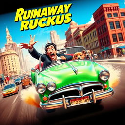 A vibrant and humorous movie poster depicting a runaway car scene