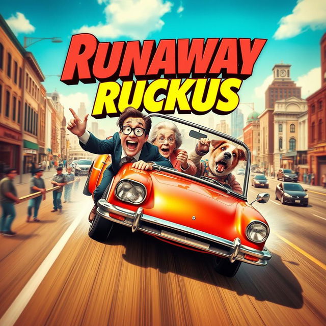 A vibrant and humorous movie poster depicting a runaway car scene