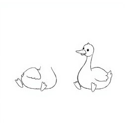 A simple, black and white drawing of cute geese lounging as if sunbathing, depicted with basic, clear lines and minimal detail to suit children's tastes