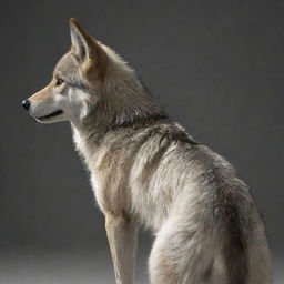 A realistically rendered wolf showing its back, looking over its shoulder with expressive eyes that seem to say 'goodbye'. The wolf's tail should be swishing gently.