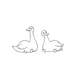 A simple, black and white drawing of cute geese lounging as if sunbathing, depicted with basic, clear lines and minimal detail to suit children's tastes