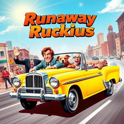 A vibrant and humorous movie poster depicting a runaway car scene