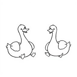 A simple, black and white drawing of cute geese lounging as if sunbathing, depicted with basic, clear lines and minimal detail to suit children's tastes