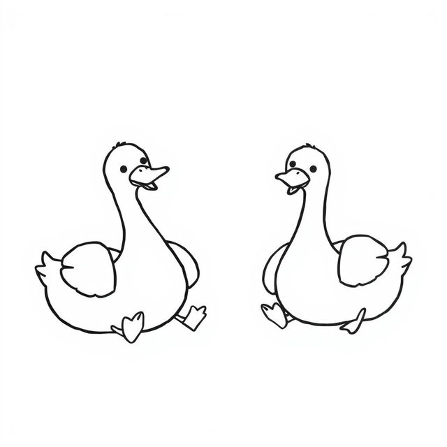 A simple, black and white drawing of cute geese lounging as if sunbathing, depicted with basic, clear lines and minimal detail to suit children's tastes