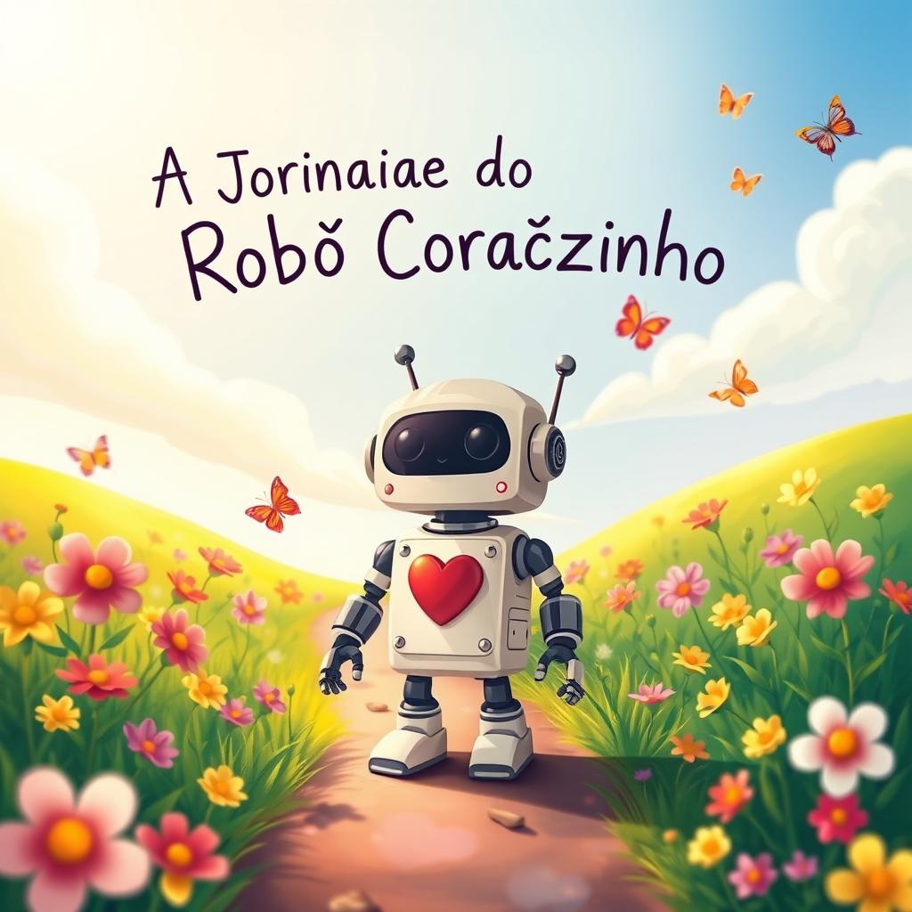 A small, endearing robot with a heart-shaped design on its chest, standing on a path filled with colorful flowers