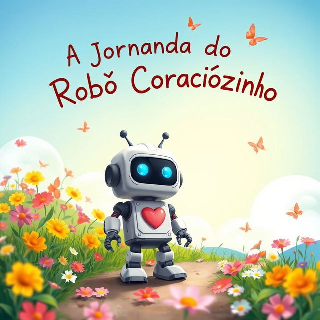 A small, endearing robot with a heart-shaped design on its chest, standing on a path filled with colorful flowers