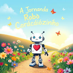 A small, endearing robot with a heart-shaped design on its chest, standing on a path filled with colorful flowers