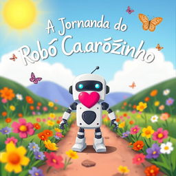 A small, endearing robot with a heart-shaped design on its chest, standing on a path filled with colorful flowers