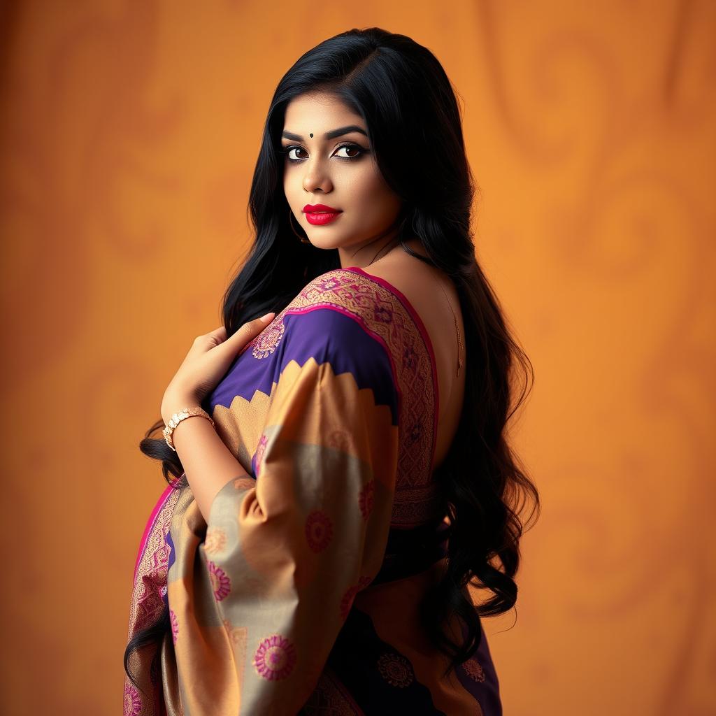 A beautiful Indian woman with a voluptuous and curvy figure, wearing an elegant traditional saree that accentuates her features