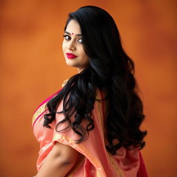 A beautiful Indian woman with a voluptuous and curvy figure, wearing an elegant traditional saree that accentuates her features