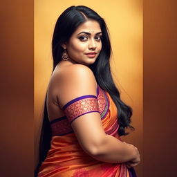 A beautiful Indian woman with a voluptuous and curvy figure, wearing an elegant traditional saree that accentuates her features