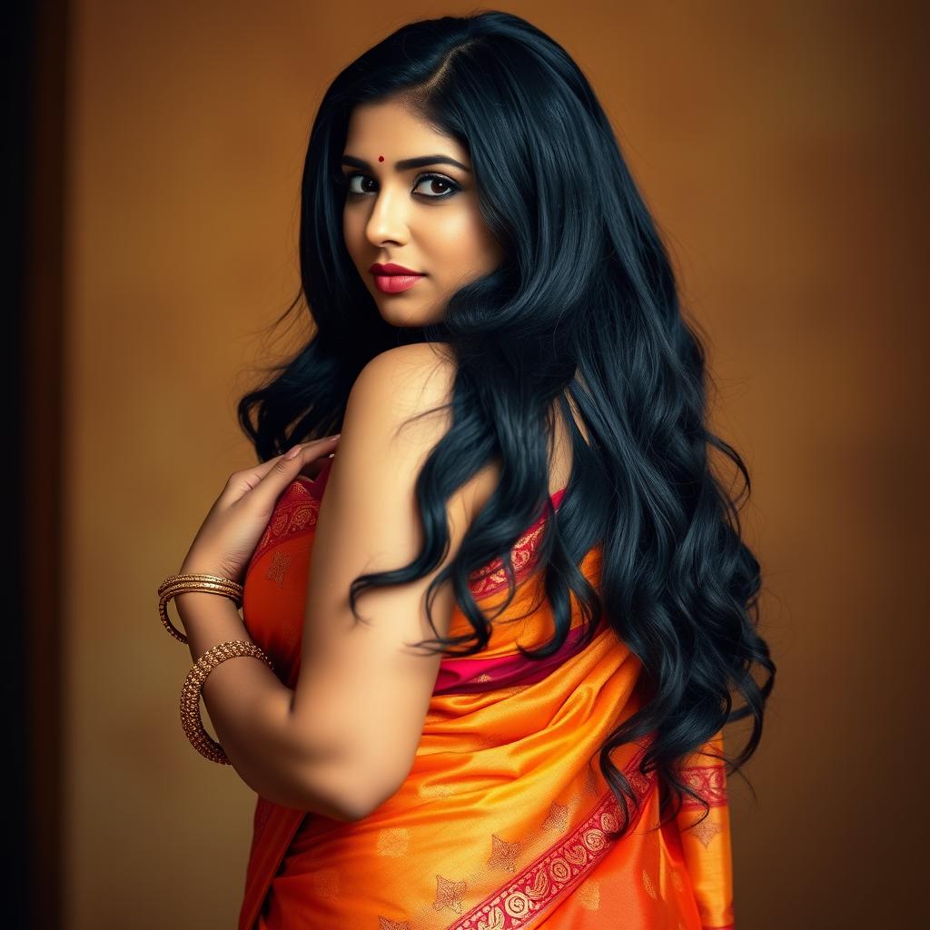 A beautiful Indian woman with a voluptuous and curvy figure, wearing an elegant traditional saree that accentuates her features