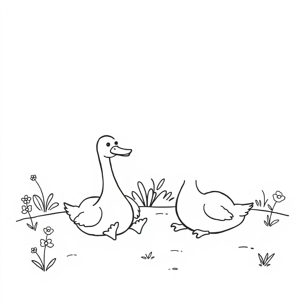 A simple, black and white drawing of cute geese sunbathing, with a basic garden backdrop