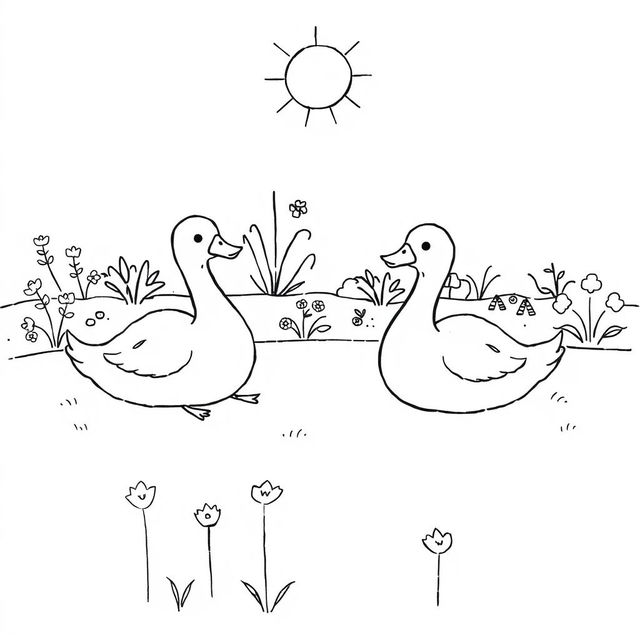 A simple, black and white drawing of cute geese sunbathing, with a basic garden backdrop