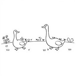 A simple, black and white drawing of cute geese sunbathing, with a basic garden backdrop