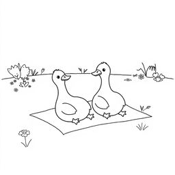 A simple, black and white drawing of cute geese sunbathing, with a basic garden backdrop