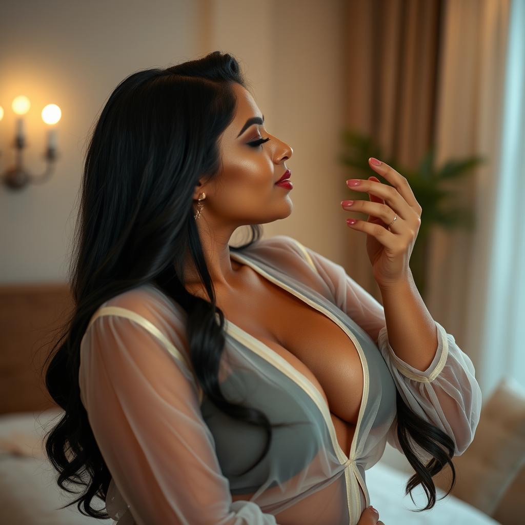 An alluring Indian woman with a curvy figure, wearing a sheer, transparent blouse that subtly reveals her sensual features