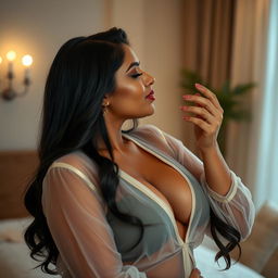 An alluring Indian woman with a curvy figure, wearing a sheer, transparent blouse that subtly reveals her sensual features