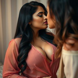 An alluring Indian woman with a curvy figure, wearing a sheer, transparent blouse that subtly reveals her sensual features