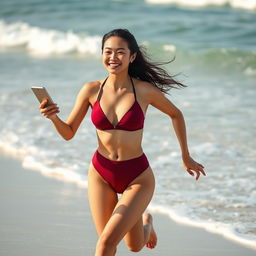 Asian girl model in a stylish red maroon sport bikini running energetically along a beach