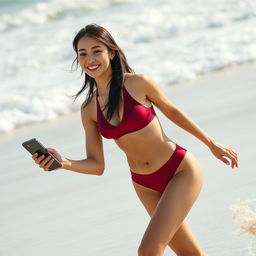 Asian girl model in a stylish red maroon sport bikini running energetically along a beach