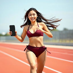 Asian model in a stylish maroon sport bikini running energetically, with an athletic form and dynamic movement