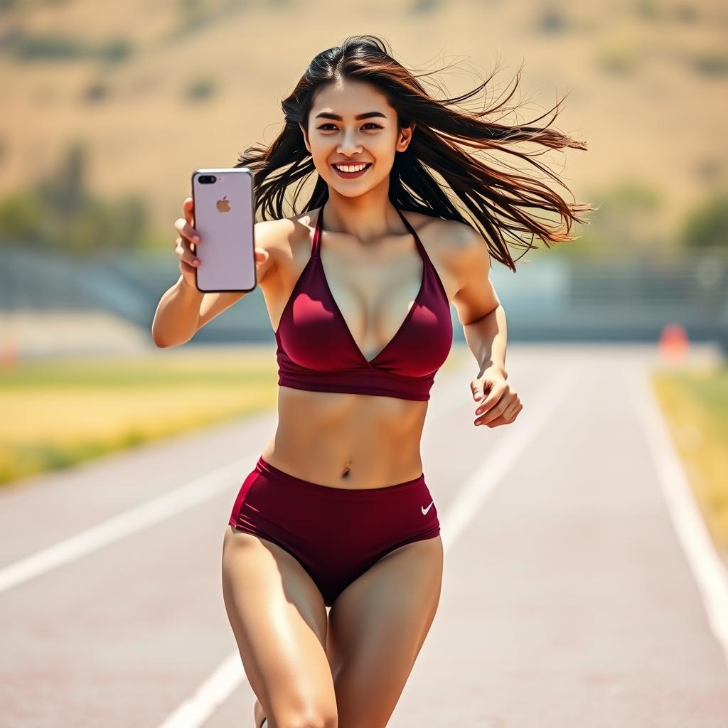 Asian model in a stylish maroon sport bikini running energetically, with an athletic form and dynamic movement