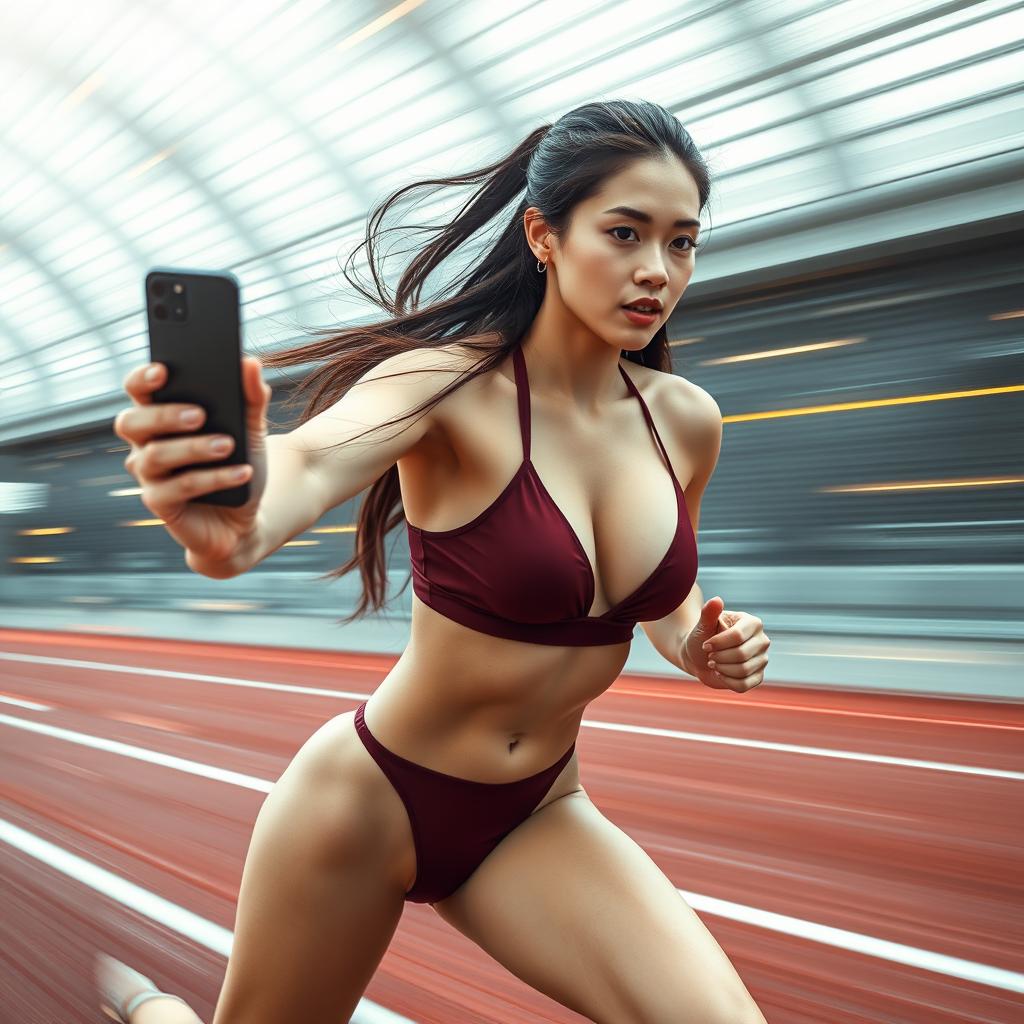 Asian model in a stylish maroon sport bikini running at incredible speed, like a flash, with a sense of her rapid motion blurred slightly to emphasize speed