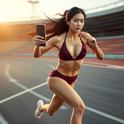 Asian model in a stylish maroon sport bikini running at incredible speed, like a flash, with a sense of her rapid motion blurred slightly to emphasize speed