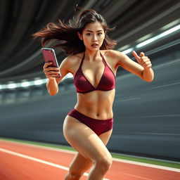 Asian model in a stylish maroon sport bikini running at incredible speed, like a flash, with a sense of her rapid motion blurred slightly to emphasize speed