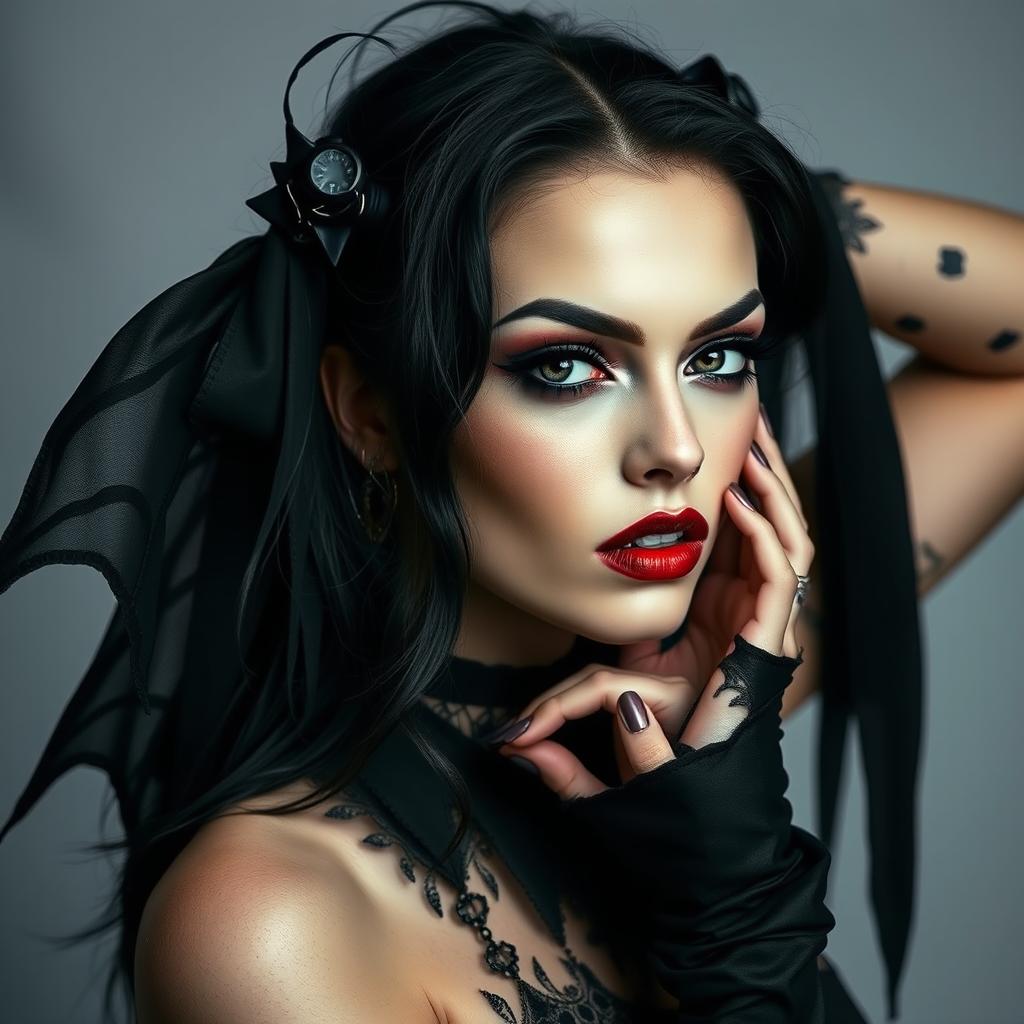 A striking and alluring goth woman, showcasing her unique style with dark attire and bold makeup, in an artistic pose emphasizing her mysterious and enchanting presence