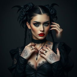 A striking and alluring goth woman, showcasing her unique style with dark attire and bold makeup, in an artistic pose emphasizing her mysterious and enchanting presence