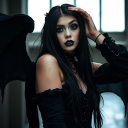 A striking and alluring goth woman, showcasing her unique style with dark attire and bold makeup, in an artistic pose emphasizing her mysterious and enchanting presence