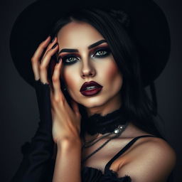 A striking and alluring goth woman, showcasing her unique style with dark attire and bold makeup, in an artistic pose emphasizing her mysterious and enchanting presence