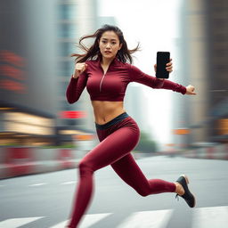 Asian model in a stylish and sexy maroon sport outfit running at an exhilarating speed, reminiscent of the flash