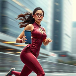 Asian model in a stylish and sexy maroon sport outfit running at an exhilarating speed, reminiscent of the flash