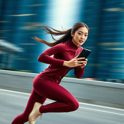 Asian model in a stylish and sexy maroon sport outfit running at an exhilarating speed, reminiscent of the flash