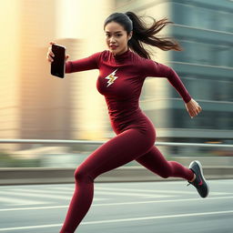 Asian model in a stylish and sexy maroon sport outfit running at an exhilarating speed, reminiscent of the flash