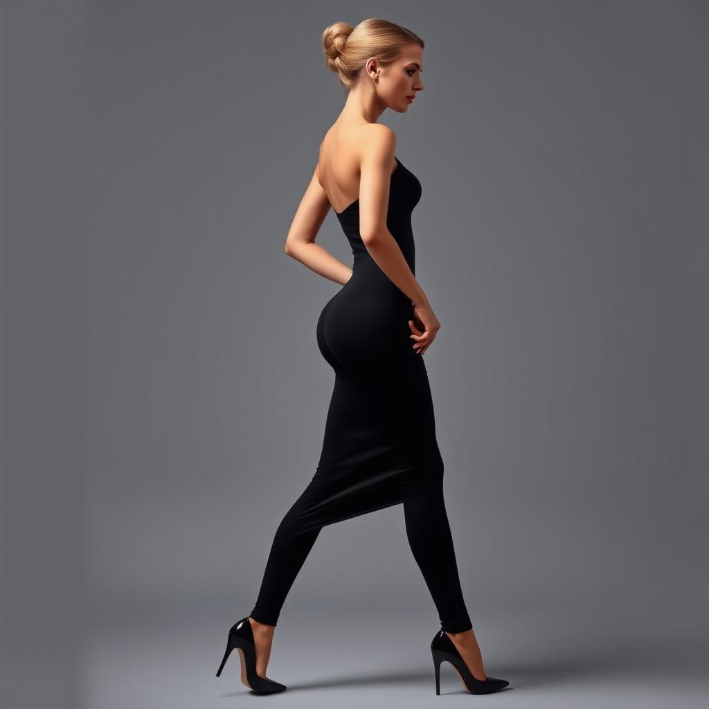 An elegant and poised woman showcasing her entire form, emphasizing her graceful silhouette and posture, adorned in stylish, form-fitting attire that highlights her figure