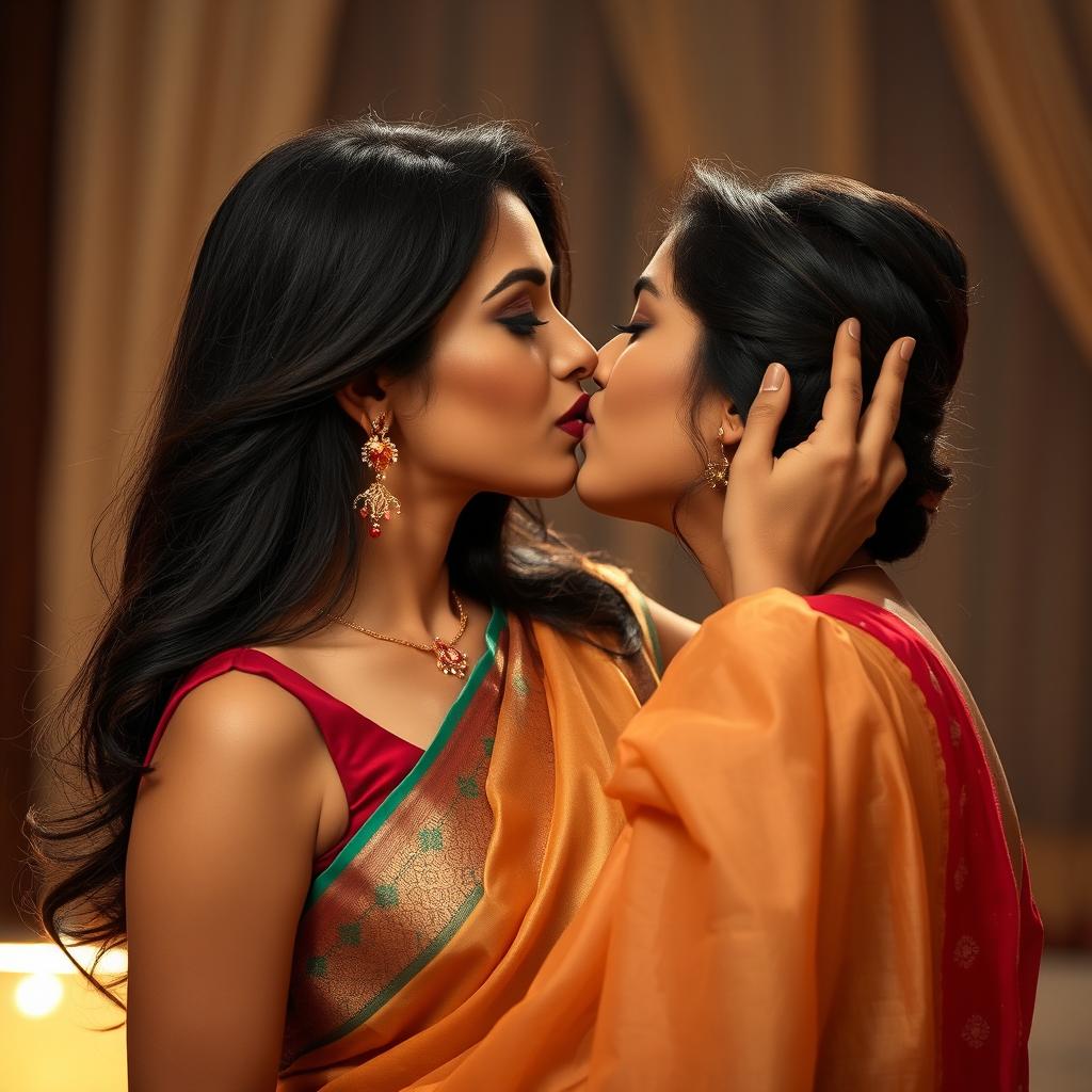 A stunning Indian woman, often lovingly referred to as 'bhabhi', captured in an intimate and romantic moment, locked in a passionate liplock with her partner