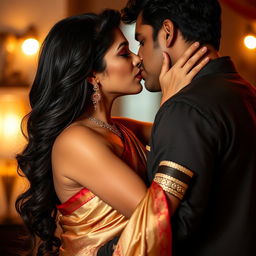 A stunning Indian woman, often lovingly referred to as 'bhabhi', captured in an intimate and romantic moment, locked in a passionate liplock with her partner