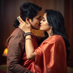 A stunning Indian woman, often lovingly referred to as 'bhabhi', captured in an intimate and romantic moment, locked in a passionate liplock with her partner