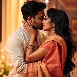 A stunning Indian woman, often lovingly referred to as 'bhabhi', captured in an intimate and romantic moment, locked in a passionate liplock with her partner