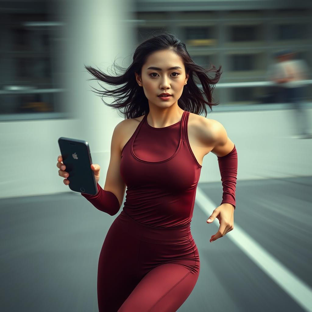 Asian model in a stylish and sexy maroon sport outfit running at a breathtaking speed, capturing the essence of flash-like movement