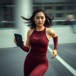 Asian model in a stylish and sexy maroon sport outfit running at a breathtaking speed, capturing the essence of flash-like movement