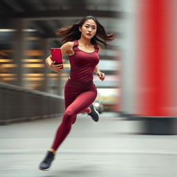 Asian model in a stylish and sexy maroon sport outfit running at a breathtaking speed, capturing the essence of flash-like movement