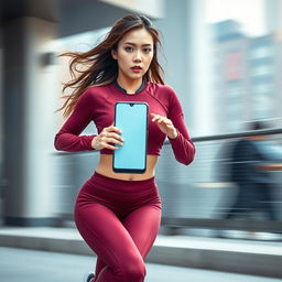 Asian model in a stylish and sexy maroon sport outfit running at a breathtaking speed, capturing the essence of flash-like movement