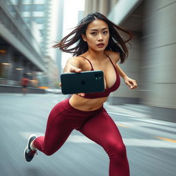 Asian model in a stylish and sexy maroon sport outfit running at a breathtaking speed, capturing the essence of flash-like movement